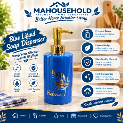 Blue Liquid Soap Dispenser with Golden Pump Stylish Hand Wash