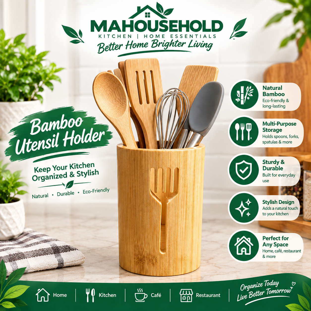 c0805aa9-28a2-4eeb-87e3-39bb1cde4639 Bamboo Kitchen Utensil Holder Natural Wooden Spoon & Cutlery Storage Organizer - Image 1