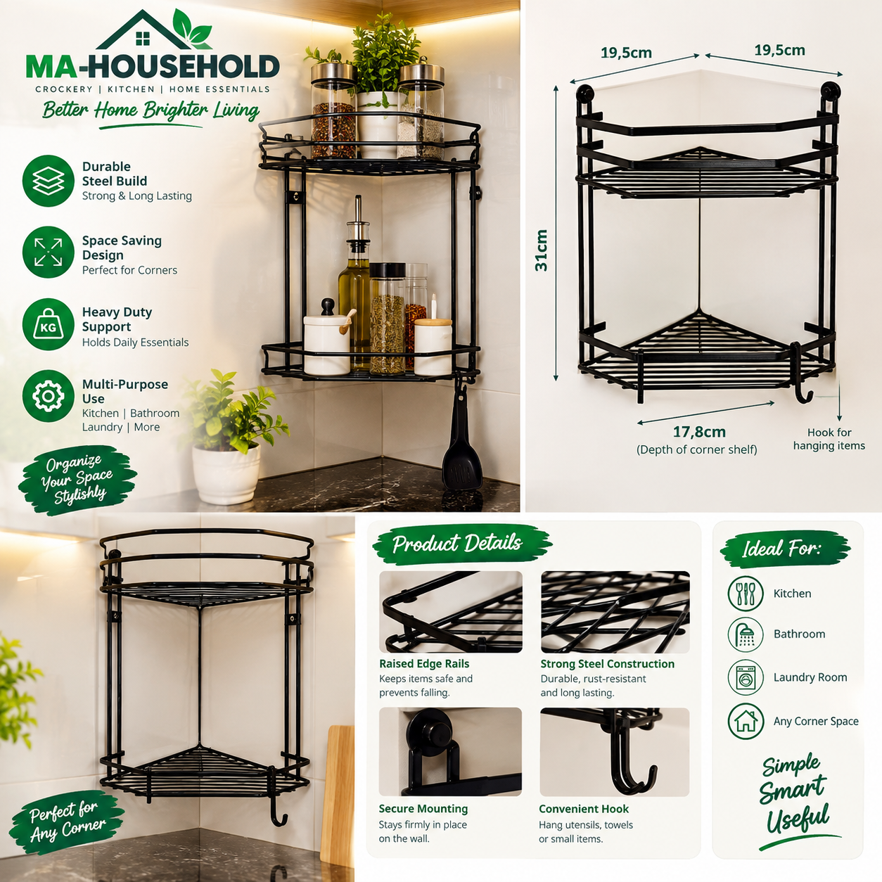 d15a7672-b285-43be-aca8-42885219422d 2-Tier Black Steel Corner Storage Rack by MA Household - Image 1