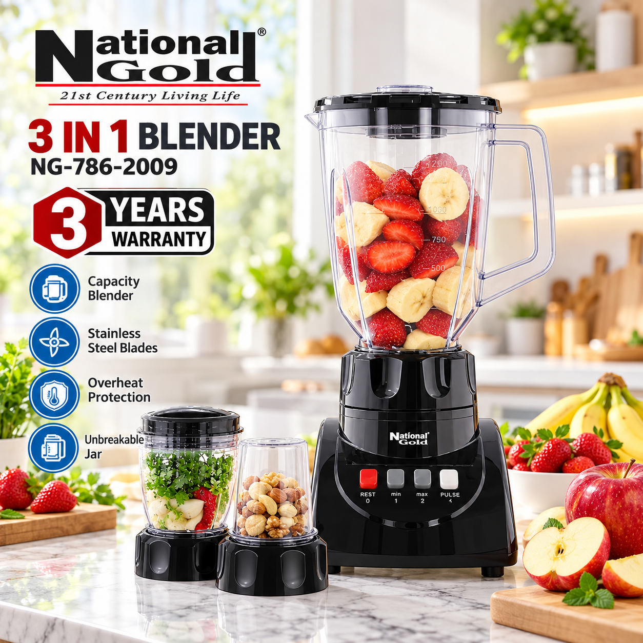 887f8d75-5425-49f7-9279-fa24f6c94b09 National Gold NG-786-2009 3-in-1 Blender with Grinder & Chopper Stainless Steel Blades - Image 1