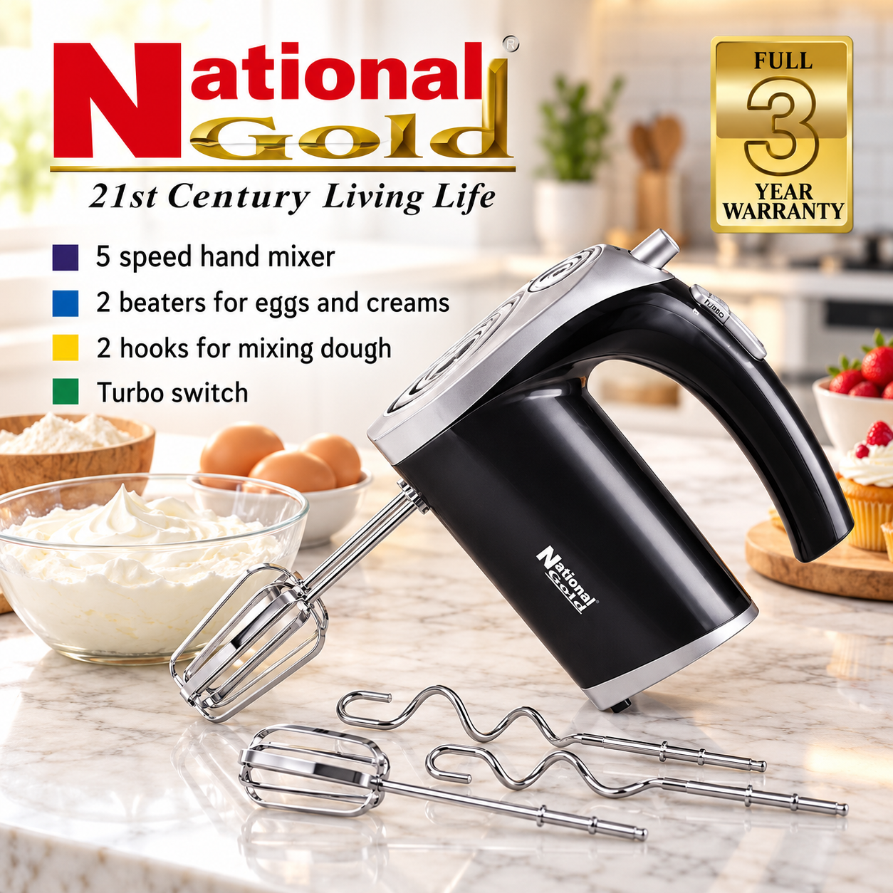 a05ea048-77f8-422e-bdb6-cf2cdcd74270 National Gold 5 Speed Hand Mixer with Turbo Switch Egg Beaters & Dough Hooks - Image 1