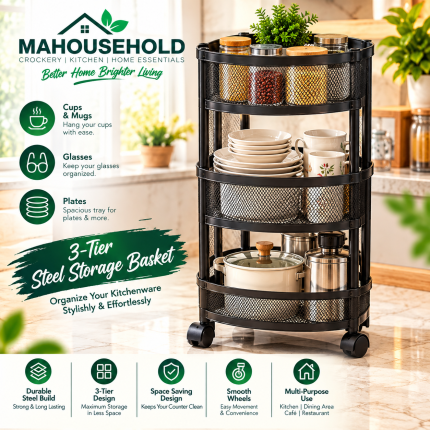 3 Tier Rolling Storage Basket with Wheels MA Household